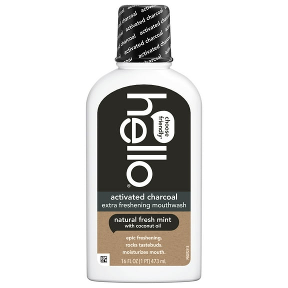 hello Activated Charcoal Extra Freshening Mouthwash, Alcohol Free with Fresh Mint   Coconut Oil, Vegan & SLS Free