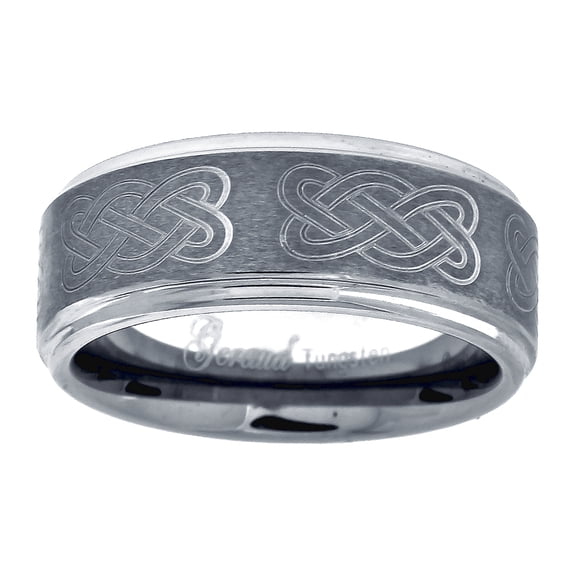 Tungsten Brushed Center Laser Engraved Celtic Knot Step Edge Mens Comfort-fit 8mm Size 9 Wedding Ann Ring for Men