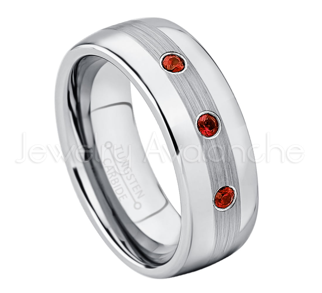 0.21ctw Garnet & Diamond 3-Stone Titanium Ring 8MM Polished Dome Brushed Center Finish Comfort Fit White Wedding Band