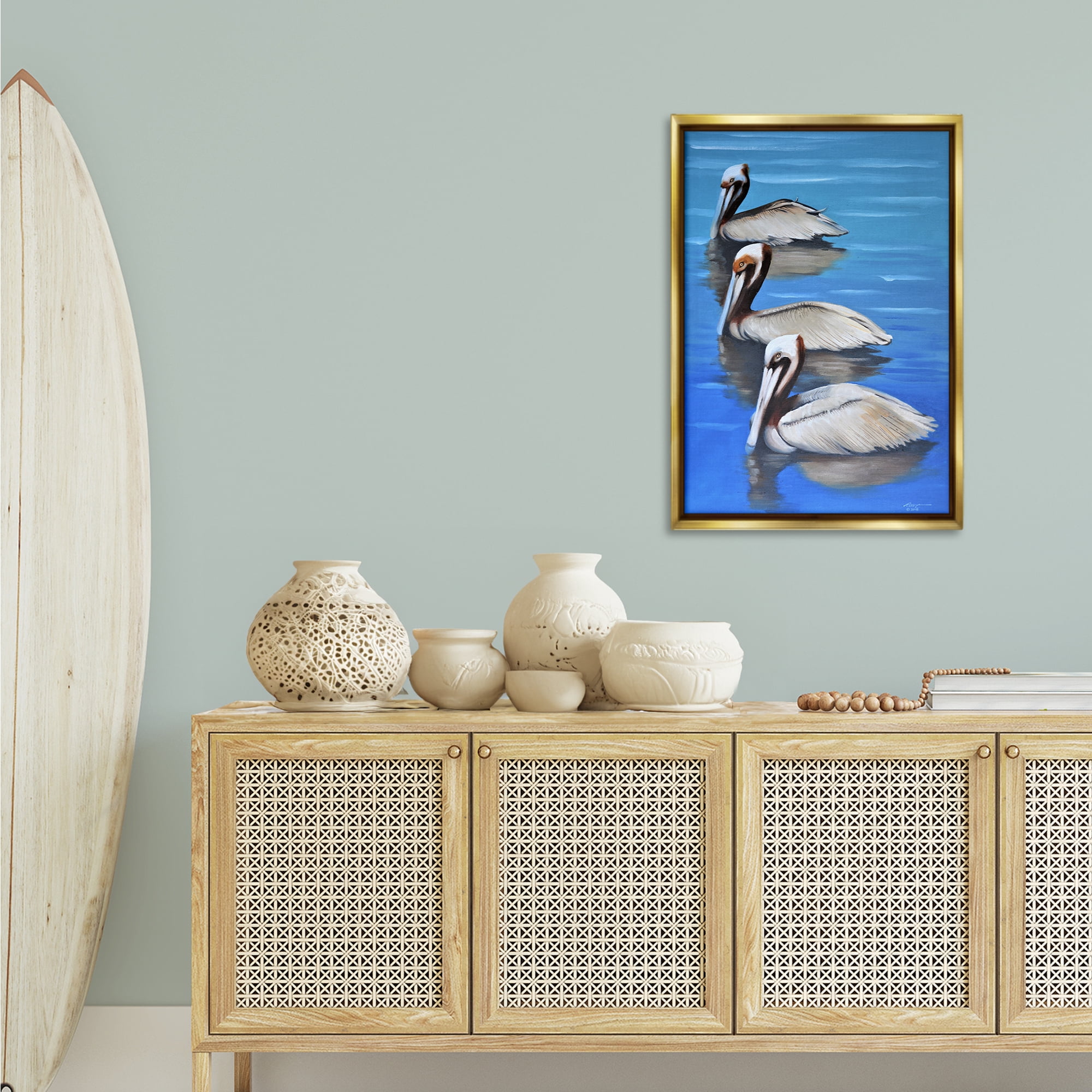Stupell Industries Pelican Trio Drifting Animals & Insects Painting Gold Floater Framed Canvas Art Print Wall Art, 21 x 31
