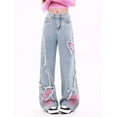 thumbnail image 3 of HLSOHJP Women's Splicing Butterfly Patterns Blue Denim Thin Jeans Street Style American Casual Trousers Female High Waist Straight Pants, 3 of 6