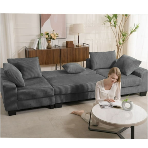 JERFIT Modern U-Shaped Convertible Sleeper Sofa Bed, Corduroy Sectional Couch with Pull-Out Bed, Dark Gray