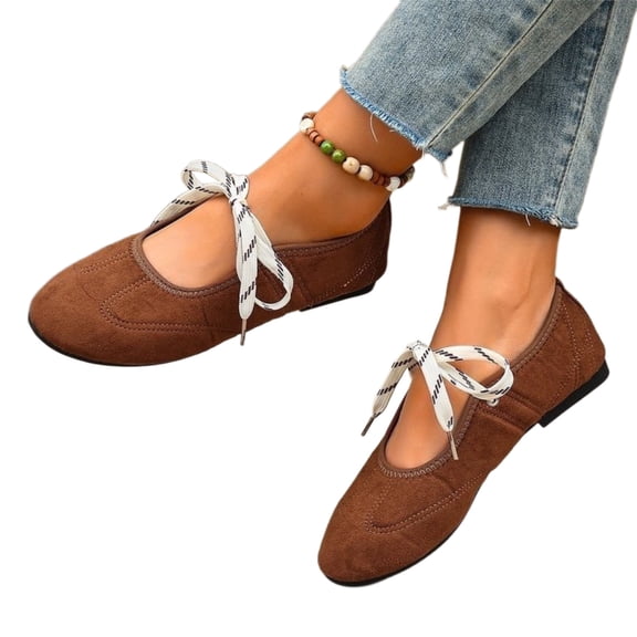 Women's Ballet Flats for Women with Bow Plus Size Lace-Up Round Toe Casual Flat Shoes Ballerina Shoes for Everyday Wear