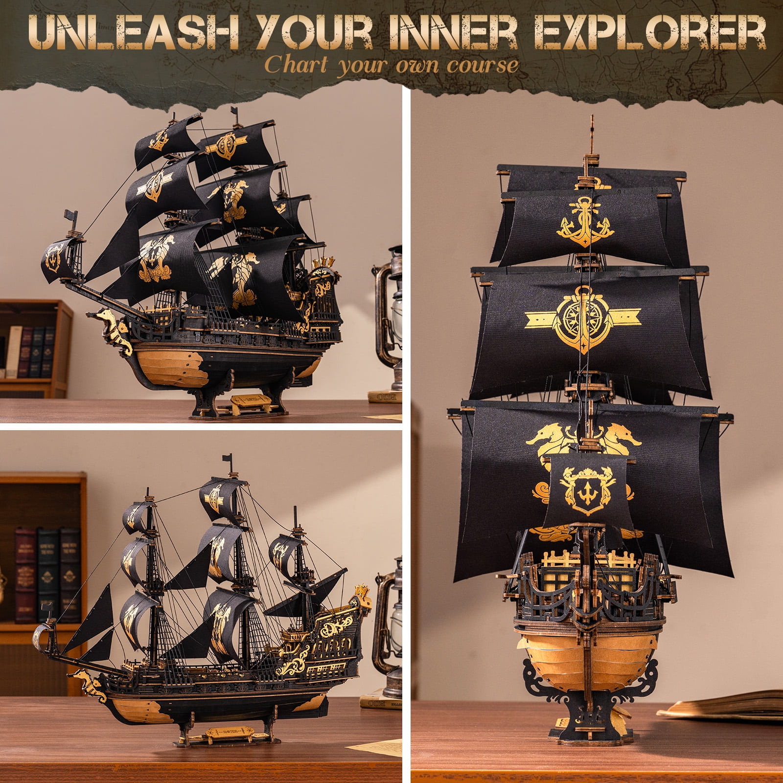 ROBOTIME Wooden 3D Puzzle - The Seahorse Barque, 1:100 Scale DIY Mechanical Building Kits Toys for Home Decor, Xmas Gifts for Adults Teens