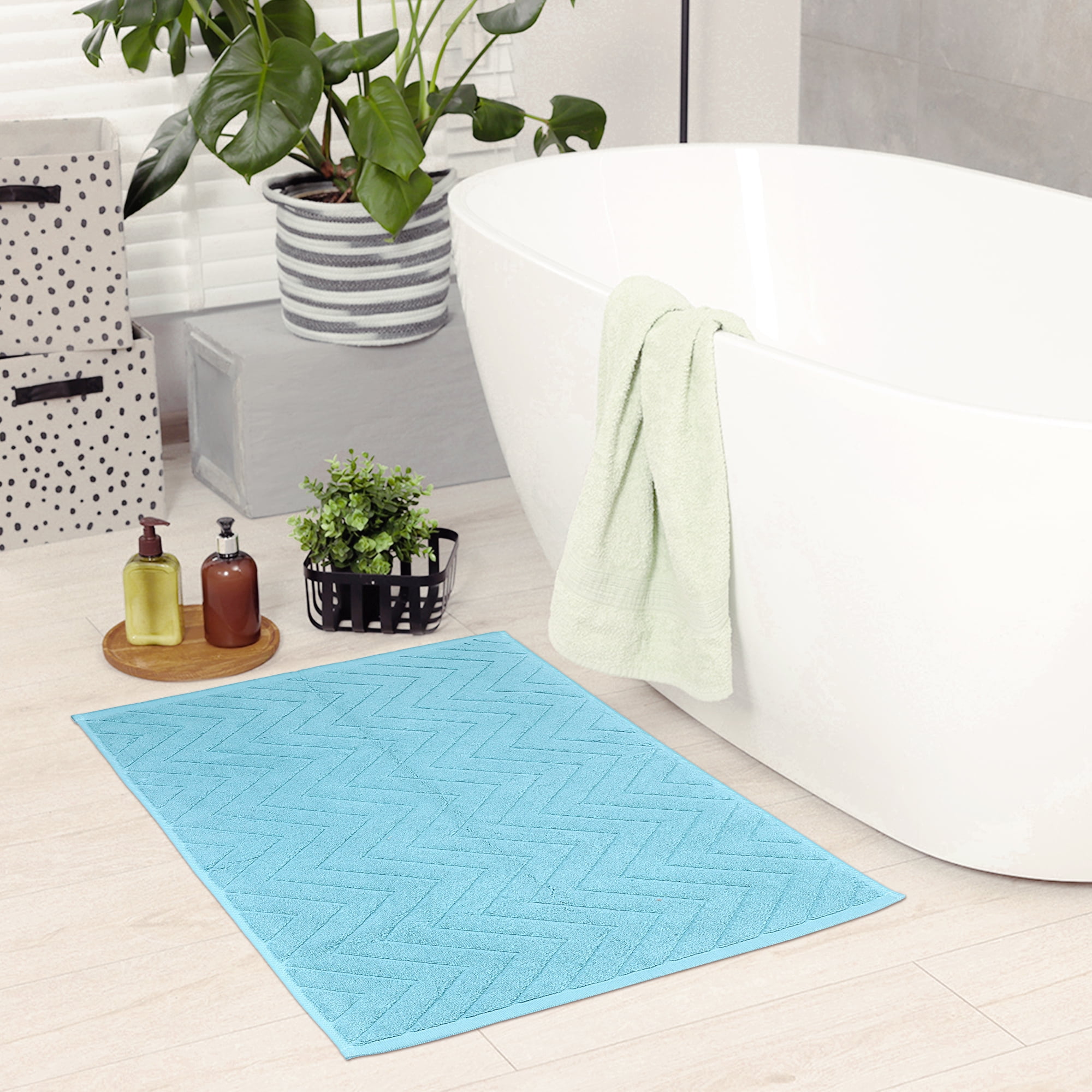 Unique Bargains Fade Resistant Cotton Bath Rugs Shower Mat Bathroom Non Slip Blue