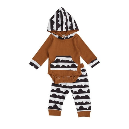 

Baby Outfits 2-Piece Set Fashion Casual Coffee Striped Long Sleeve Hooded Knit Jumpsuit + Pants Suit