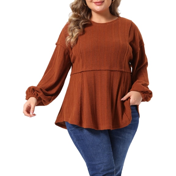 Agnes Orinda Women's Plus Size Halloween Outfits Peplum Tops Rib Knit Crew Neck Puff Long Sleeve Flared Hem Vintage Casual Blouses 1X Brick Red