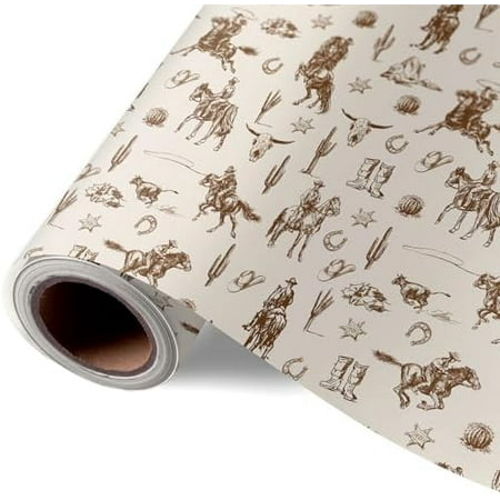 Western Cowboy Wrapping Paper -Mini Roll- 17 Inch x 32.8Ft Brown Wild West Rodeo Gift Wrap Paper Farmhouse Art Paper for Birthday Baby Shower DIY Crafts