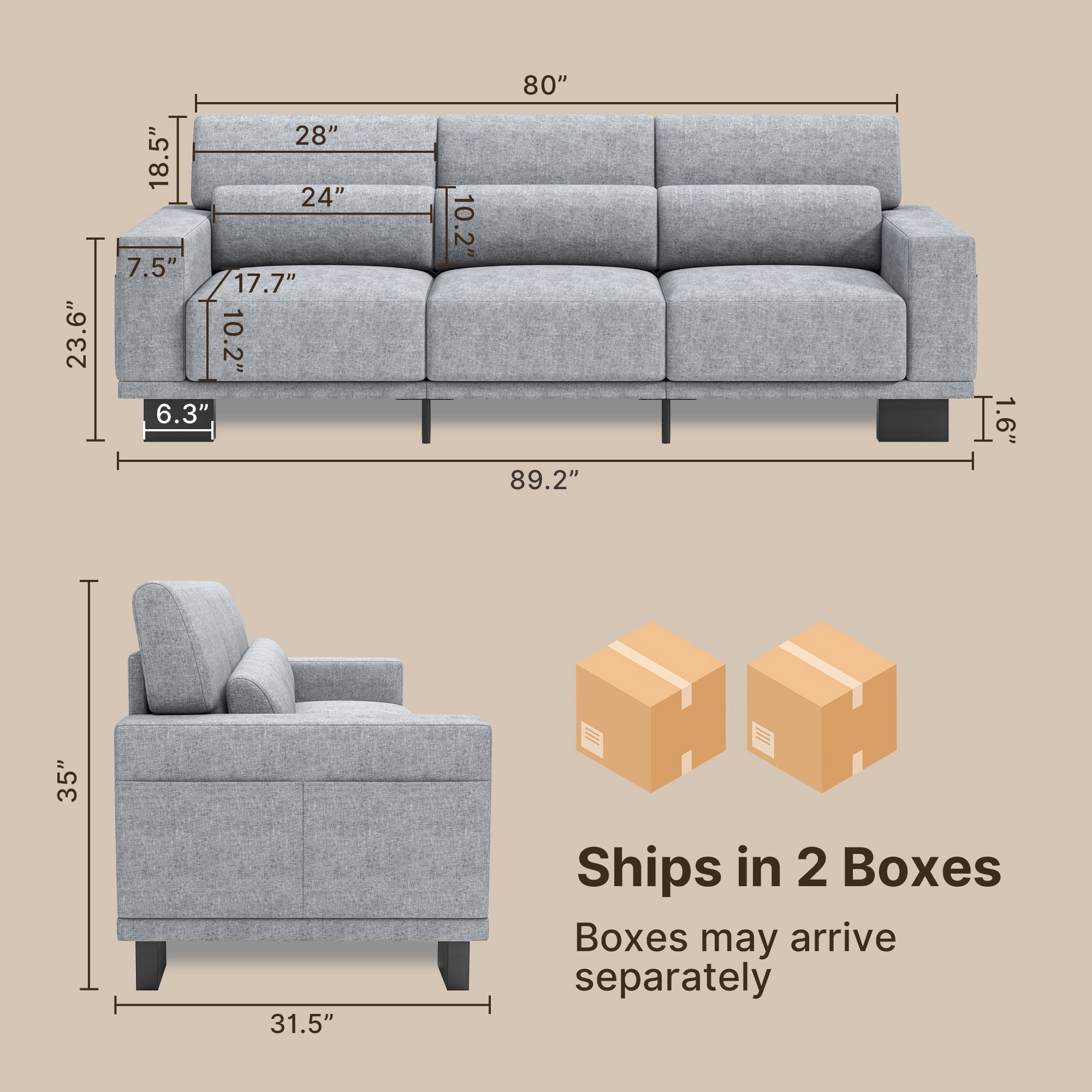 Asofer 89" 3 Seater Sofa Couch, Comfy Extra Deep Seat with Upholstered 3 Pillows for Living Room, Apartment, Gray