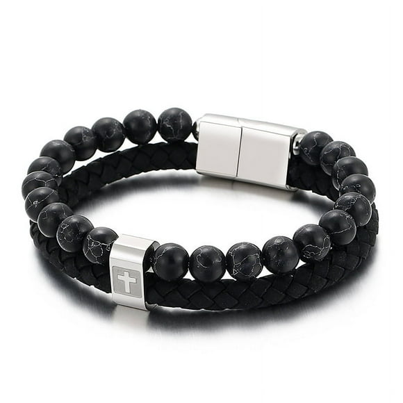 Vintage leather Fossil bracelet for men, cross bracelet (silver)