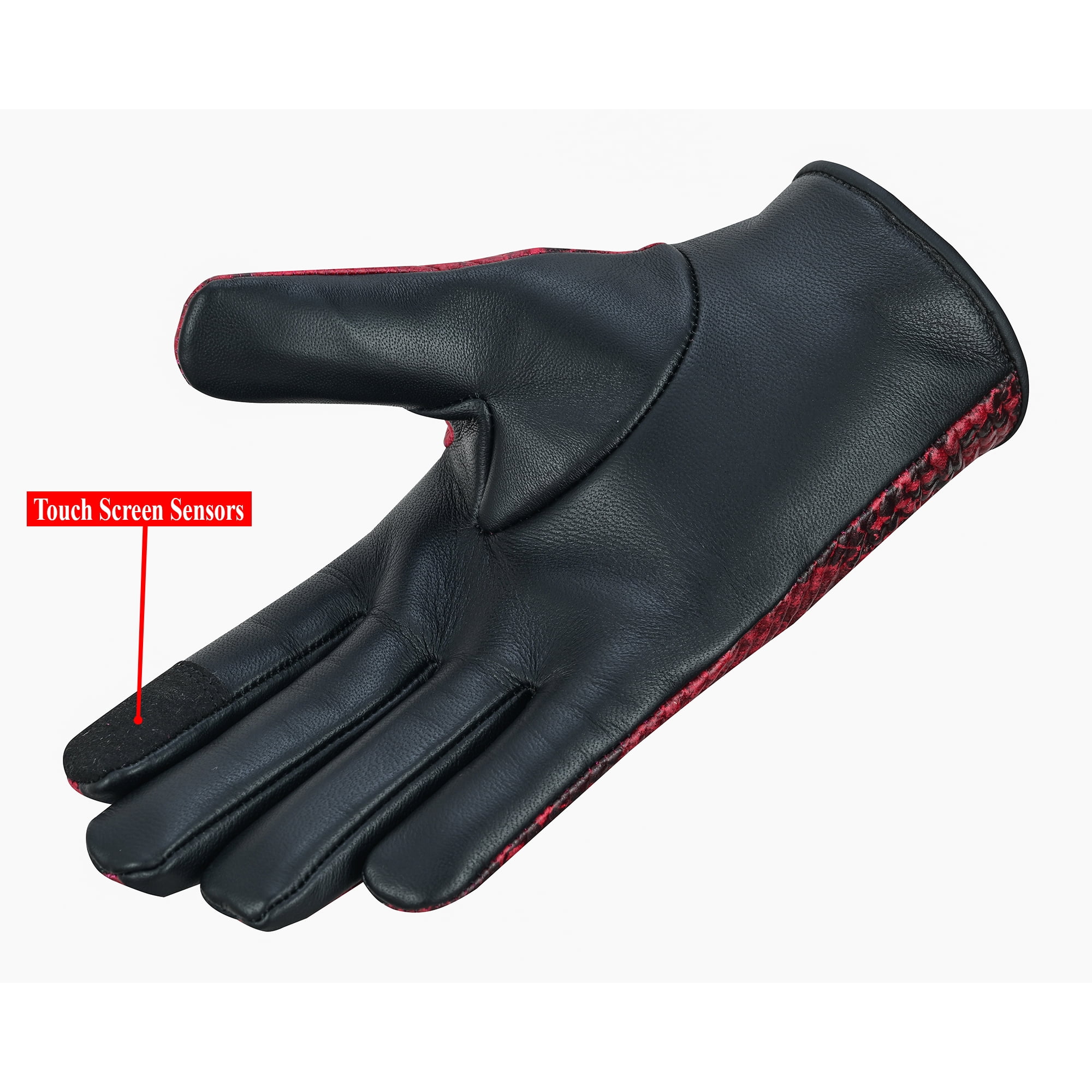Women's Python Snake Embossed Leather Motorcycle Dress Gloves Full Finger Biker Riding Ladies Gloves Burgundy-M