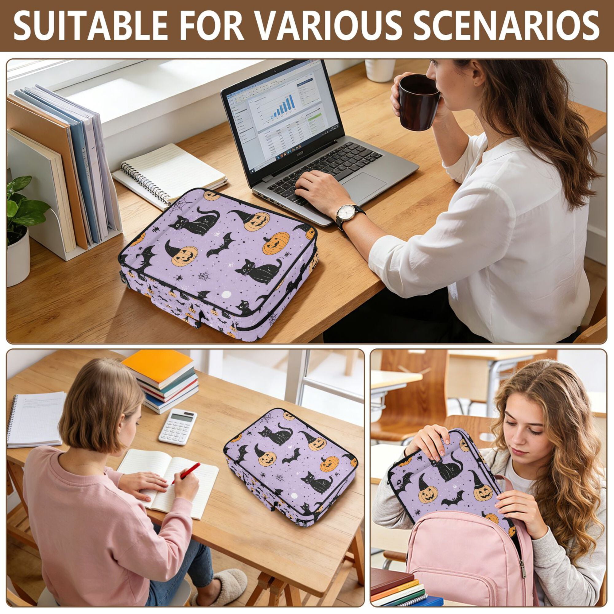 FORMRS Accordion File Folder A4 Size 7-Pocket Expanding Document Organizer Bag with 3 Ring Binder, Light Purple Halloween Black Cat