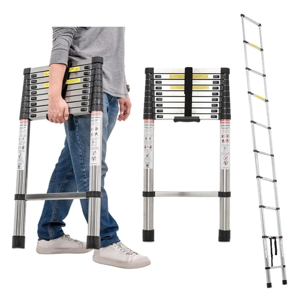 Escalera telescópica de 3.8 metros 10 escalones recta de aluminio soporta 150 kg plegable retracción multiusos extensible compacta portátil bloqueo de