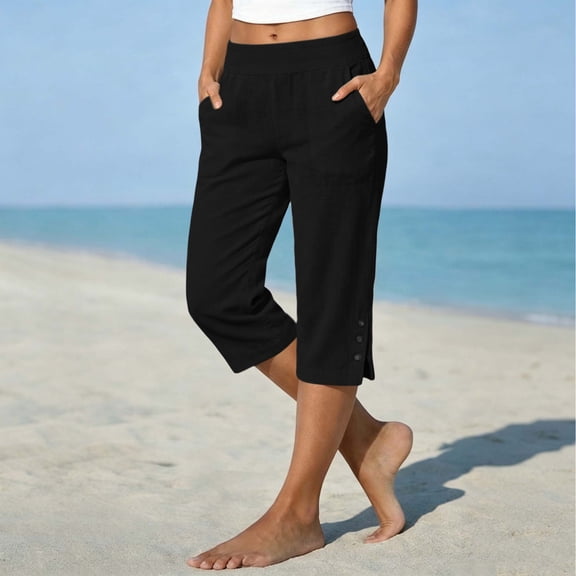 Pounoo Capri Pants for Women Elastic High Waist Side Button Pocket Detail Straight Fit Trousers Vacation Wear Lightweight Bottoms