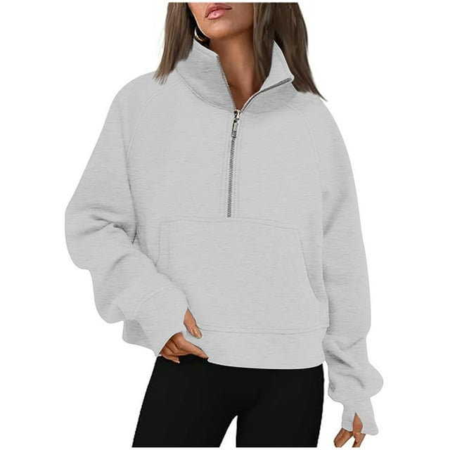 Chandails à Capuche Demi-Glissière pour Femmes, Grande Taille, Chandail en Molleton, Trou pour le Pouce, Court, Chandail à Enfiler, Hauts d'Automne et d'Hiver