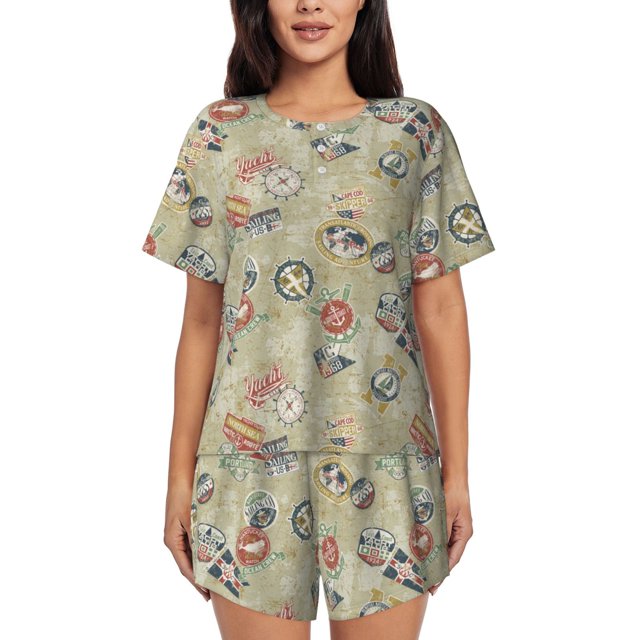 Fotbe Marine Sailing Badges Conjunto de Pijama Estampado para Mujer, 2 Piezas, Ropa de Dormir con Camiseta de Manga Corta y Shorts Suaves-3X-Large