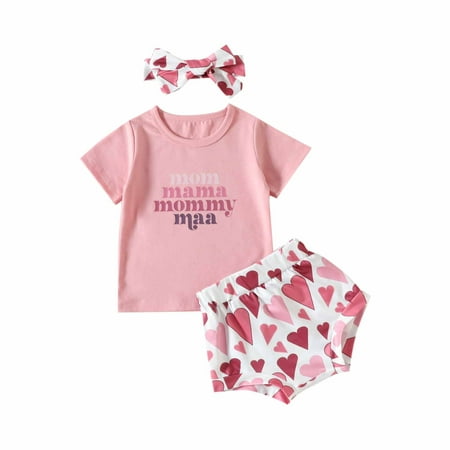

Baby Girls Outfits Cute Tops and Shorts Set 6-12 Months Summer Toddler Baby Girls Casual Suit Mother s Day Letter Short Sleeve T-shirt Shorts Hairband Three Piece Set