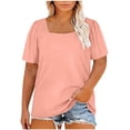 thumbnail image 3 of Womens Summer Tops Plus Size Solid Color T-Shirt Summer Casual Loose Women's Trendy Short Sleeves Squared Neck Pullover Lightweight Blouse Tops XL-5XL, 3 of 7