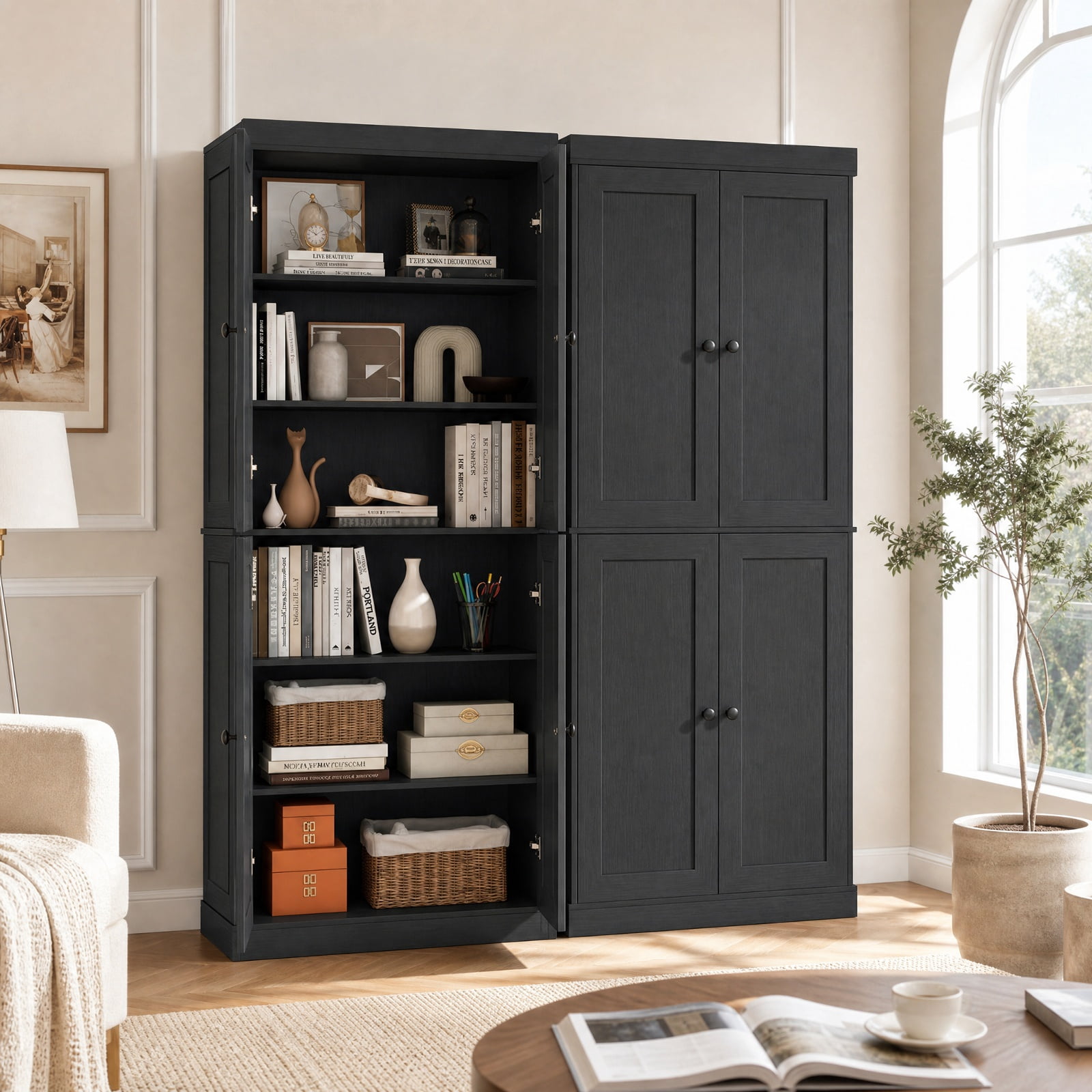 Furnibear 72.5 Inch Tall Kitchen Pantry Cabinet with 2 Adjustable Shelves Enclosed Doors and Anti Tipping Kits for Kitchen and Dining Room, Black