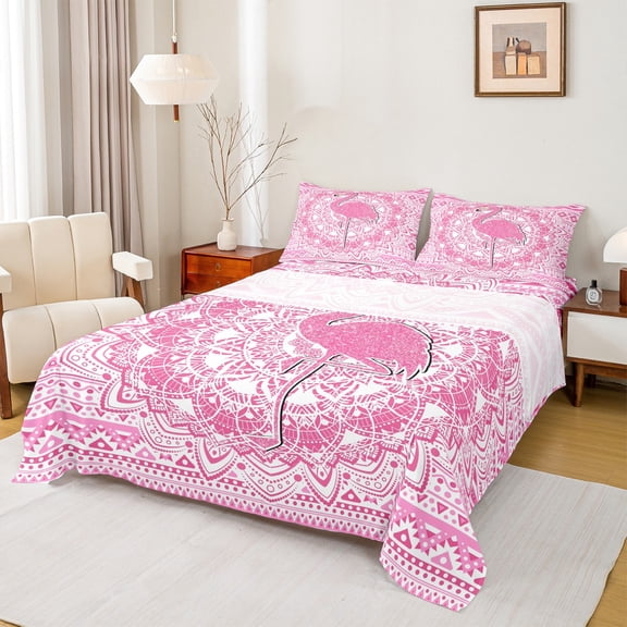 Feelyou Kawaii Pink Flamingo Twin Sheet Sets for Girl, Chic Damask Flower Floral Twin Fitted Sheet, Aztec Triangle Flat Sheet, Breathable Home Decor, 3 Pieces