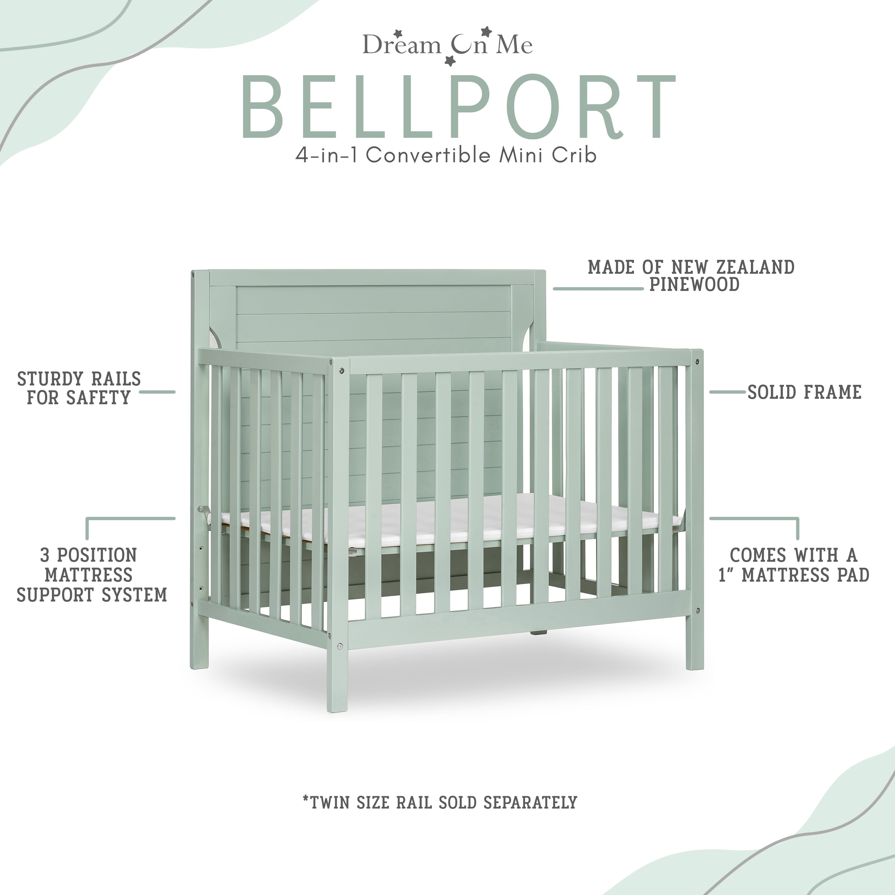 Dream On Me Bellport 4 in 1 Convertible Mini/Portable Crib in Light Seafoam Green, Non-Toxic Finish, Made of Sustainable New Zealand Pinewood, with 3 Mattress Height Settings