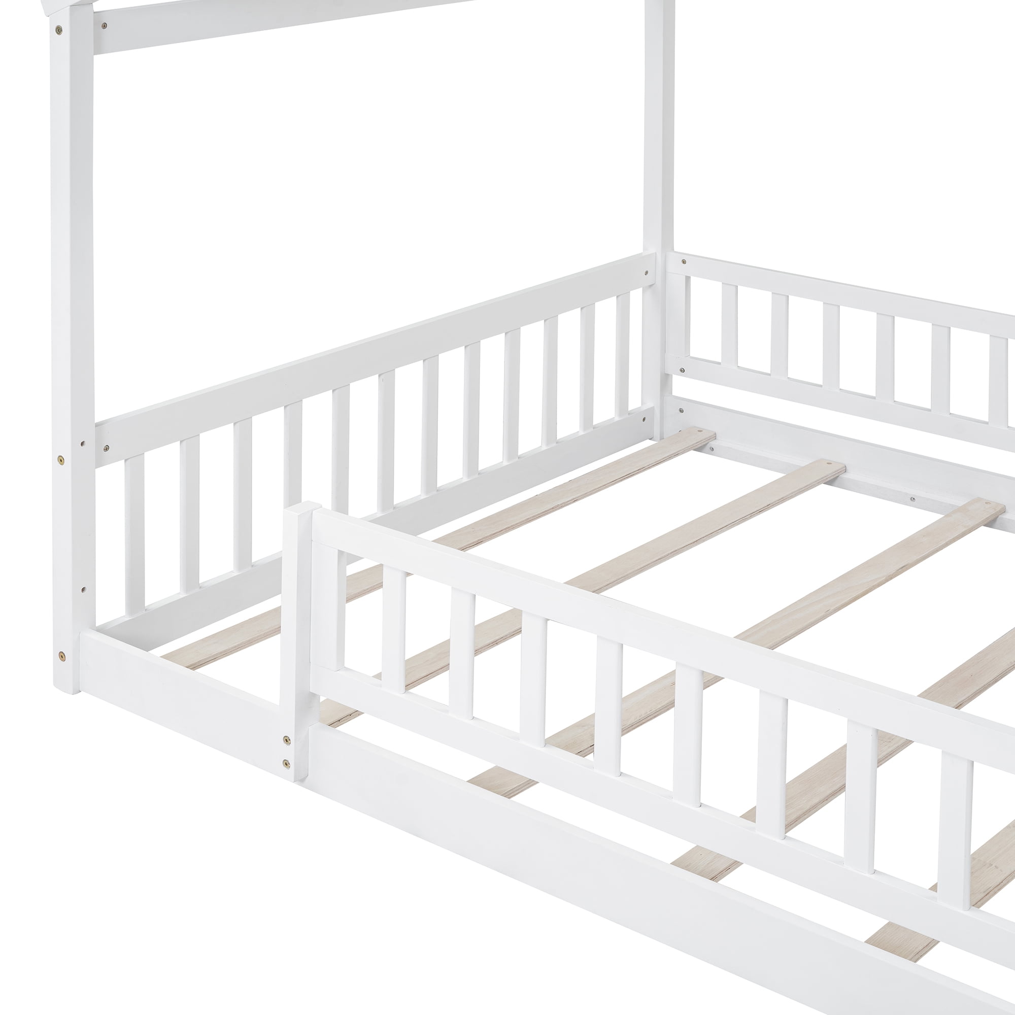 Bellemave Full Size House Floor Bed for Kids, Wooden Montessori Full Bed with Fence Railings and Support Slats, No Box Spring Needed (White)