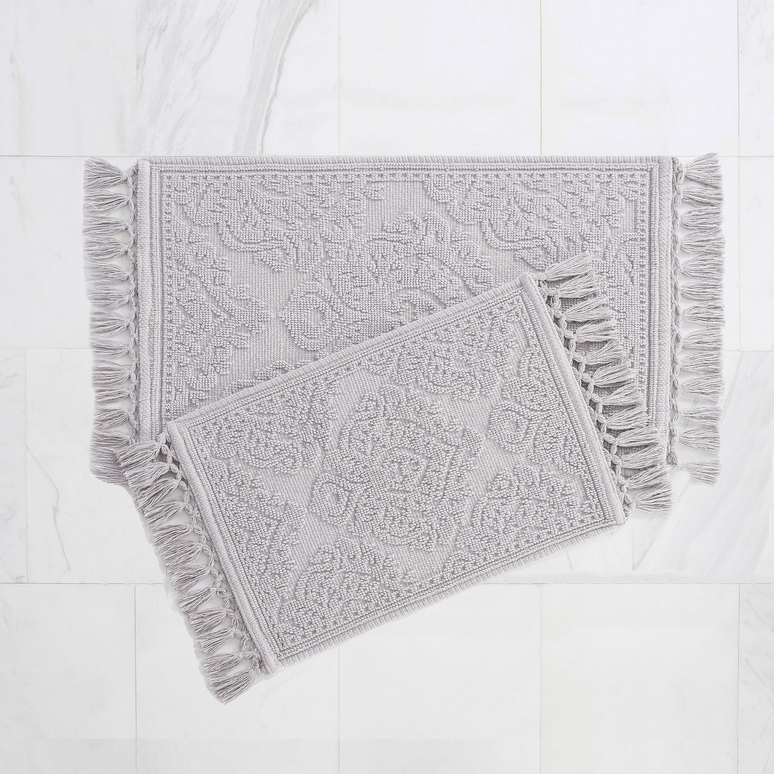 Jean Pierre Ricardo Cotton Fringe 2-Piece Bath Rug Set, Light Grey