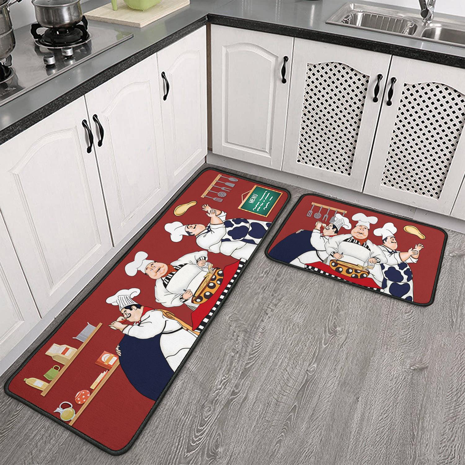 Fat Chef Kitchen Rugs and Mats Sets of 2-Red Kitchen Decor Rugs-Rubber Backing Non-Slip Floor Mat for Sink Washable Waterproof Laundry Room Runner Rugs