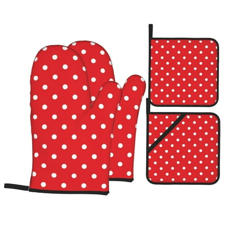 

Oven Mitts and Pot Holders Sets 4 pcs - Retro white polka dots bright red Heat Resistant Silicone Oven Gloves with Non-Slip Silicone Surface and hot pads for kitchen Baking Cooking BBQ