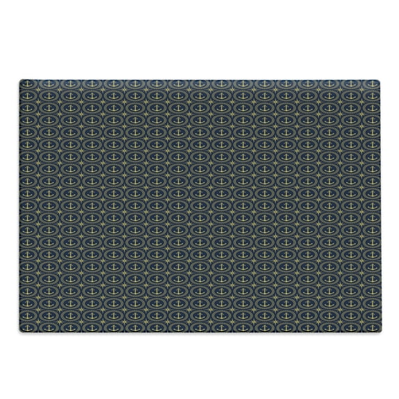 Anchor Cutting Board, Abstract Cruise Ship Pattern with Windrose Nautical Rope and Anchor Travel Trip, Decorative Tempered Glass Cutting and Serving Board, Large Size, Indigo Yellow, by Ambesonne