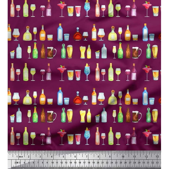 Soimoi Pink Rayon Crepe Fabric Bottle & Wine Glass Bar Print Fabric by Yard 46 Inch Wide