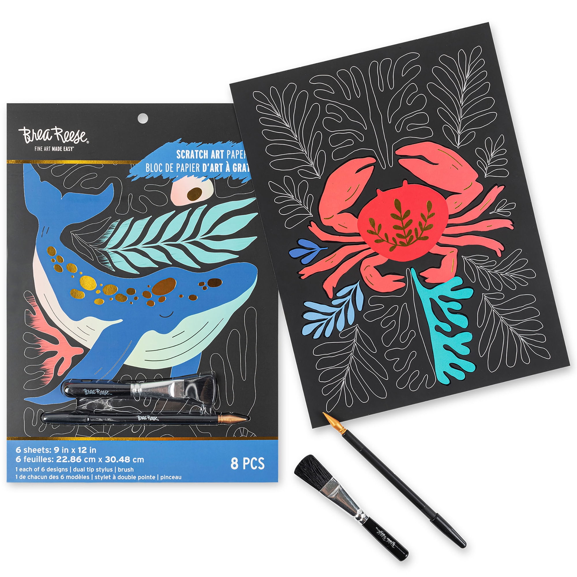 Brea Reese: Scratch Art Paper Pad - Coastal & Oceanic - 6 Designs, Guided Art, Metallic Accents, Dual-Tip Stylus & Brush, 9x12" Pages, Adult Craft