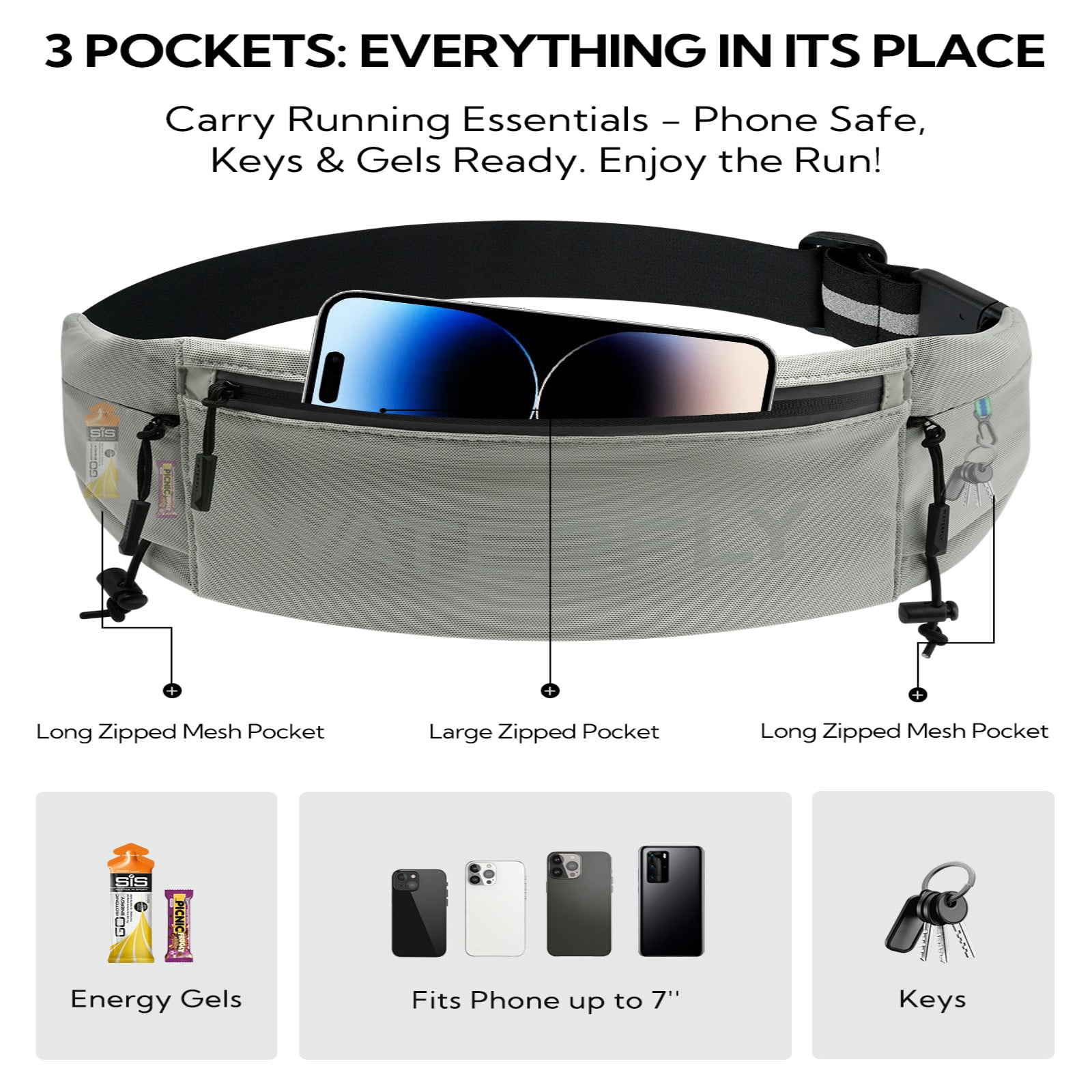 WATERFLY Unisex Adjustable Sports Jogging Fitness Nylon Running Waist Belt Elastic Band,Gray