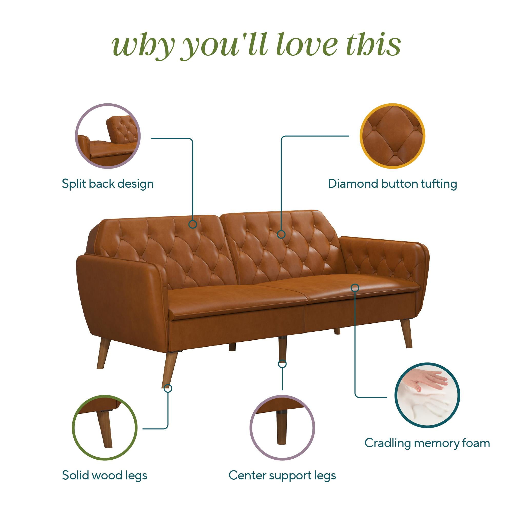Novogratz Tallulah 83" Memory Foam Futon Sofa Bed, Camel Faux Leather