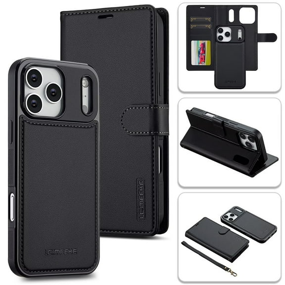 LC.IMEEKE Case for iPhone 17 Pro 6.3 inch, 2 in1 Multifunctional Detachable Wallet Phone Case for Men Women with RFID Blocking Wrist Strap Shockproof Protective Case,Black,For iPhone 17 Pro