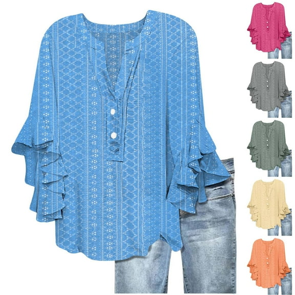 Bovxnpu 3/4 Length Sleeve Womens Tops, Women's 3/4 Sleeve Tops Dressy Casual Business Work Blouses Chiffon Office Shirts Plus Size Spring Clothes M