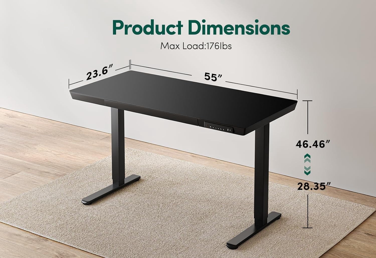 DESINO 55" Electric Standing Desk with Drawers, Whole-Piece Glass Adjustable Height Desk, One-Piece Adjustable Sit Stand Desk with USB Charge Ports, Black