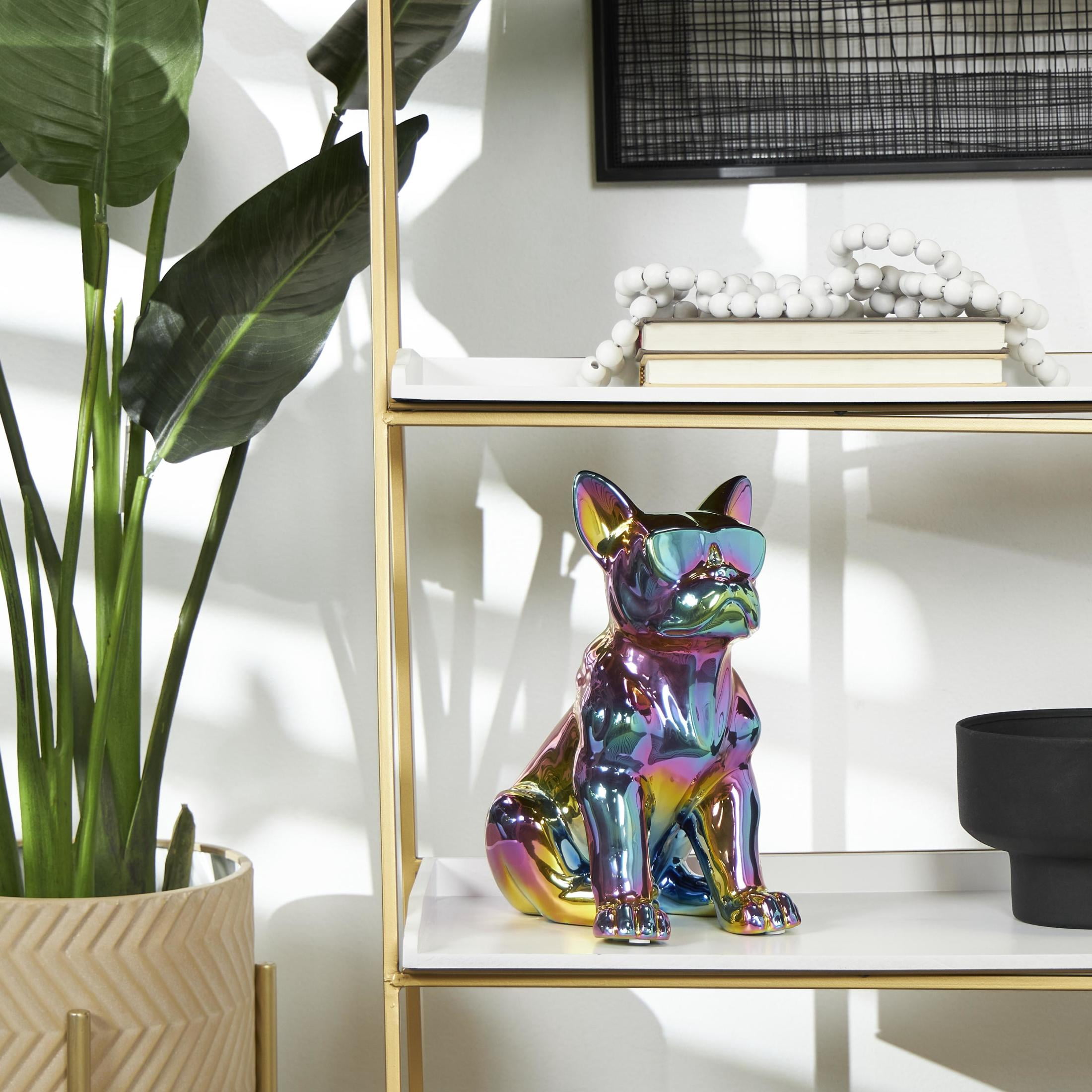 7" x 12" Multi Colored Ceramic Bulldog Sculpture with Rainbow Shimmer Finish, by DecMode