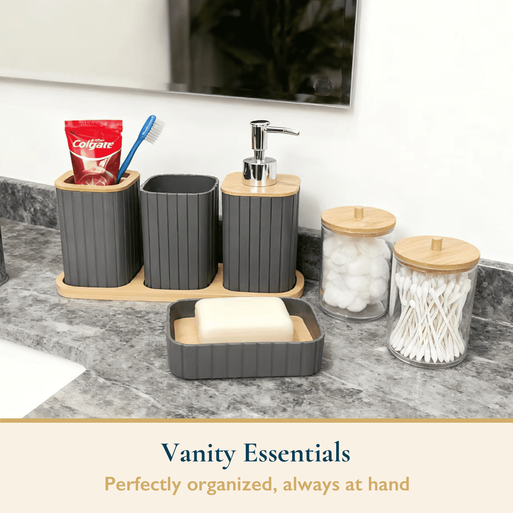 ComfiTime 24PCS Bathroom Accessories Set - Bathroom Essentials W/ Shower Curtain, Trash Can, Toilet Brush, Tumbler, Toothbrush Holder, Soap Dispenser, Soap Holder, Qtip Holders & African Net Sponges
