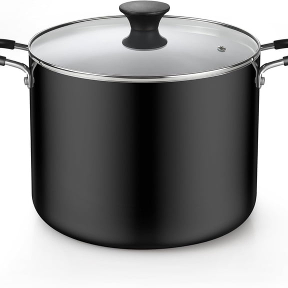 Nonstick Stockpot with Lid 10.5-Qt, Deep Cooking Pot Cookware Canning Stock Pot with Glass Lid, Black