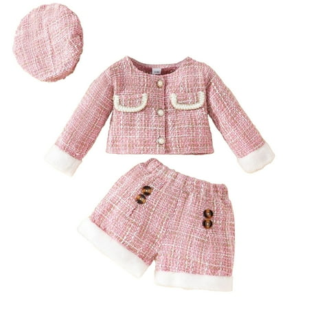 

TIREOW Children s Lightweight Sets Europe and the United States Baby Girl Small Fragrance Suit Autumn Move New Furry Patchwork Coat+Shorts+Beret 3PCS Set Daily Outdoor Outfits