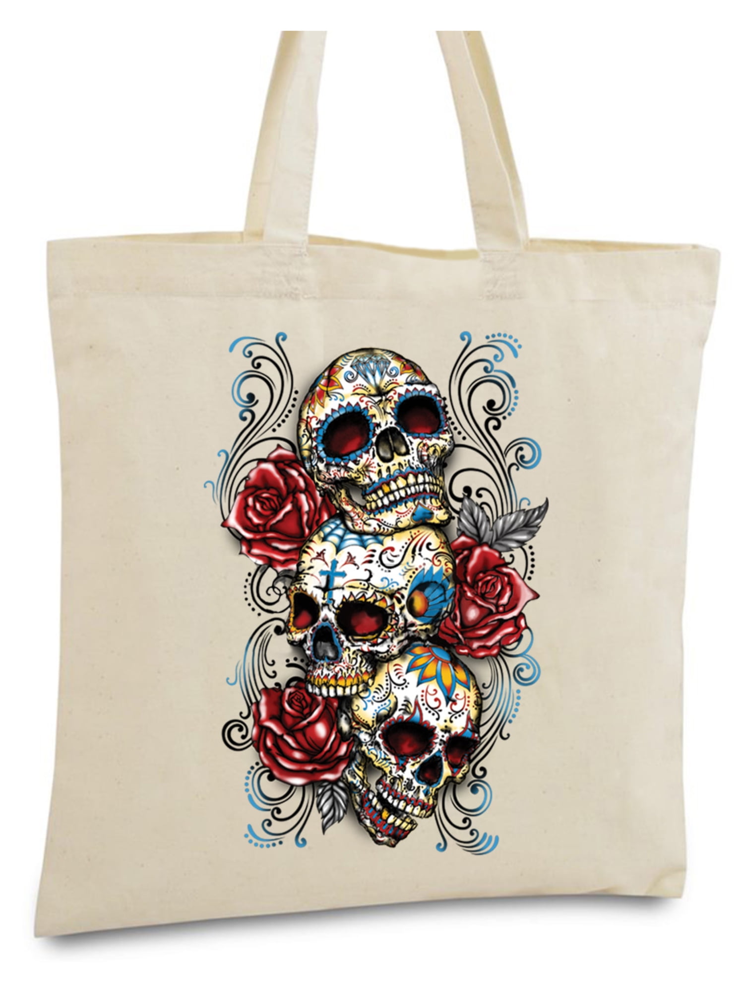Day of the Dead Tote Bag Reusable Shopping Bag Sugar Skull Blue and Pink Skull 