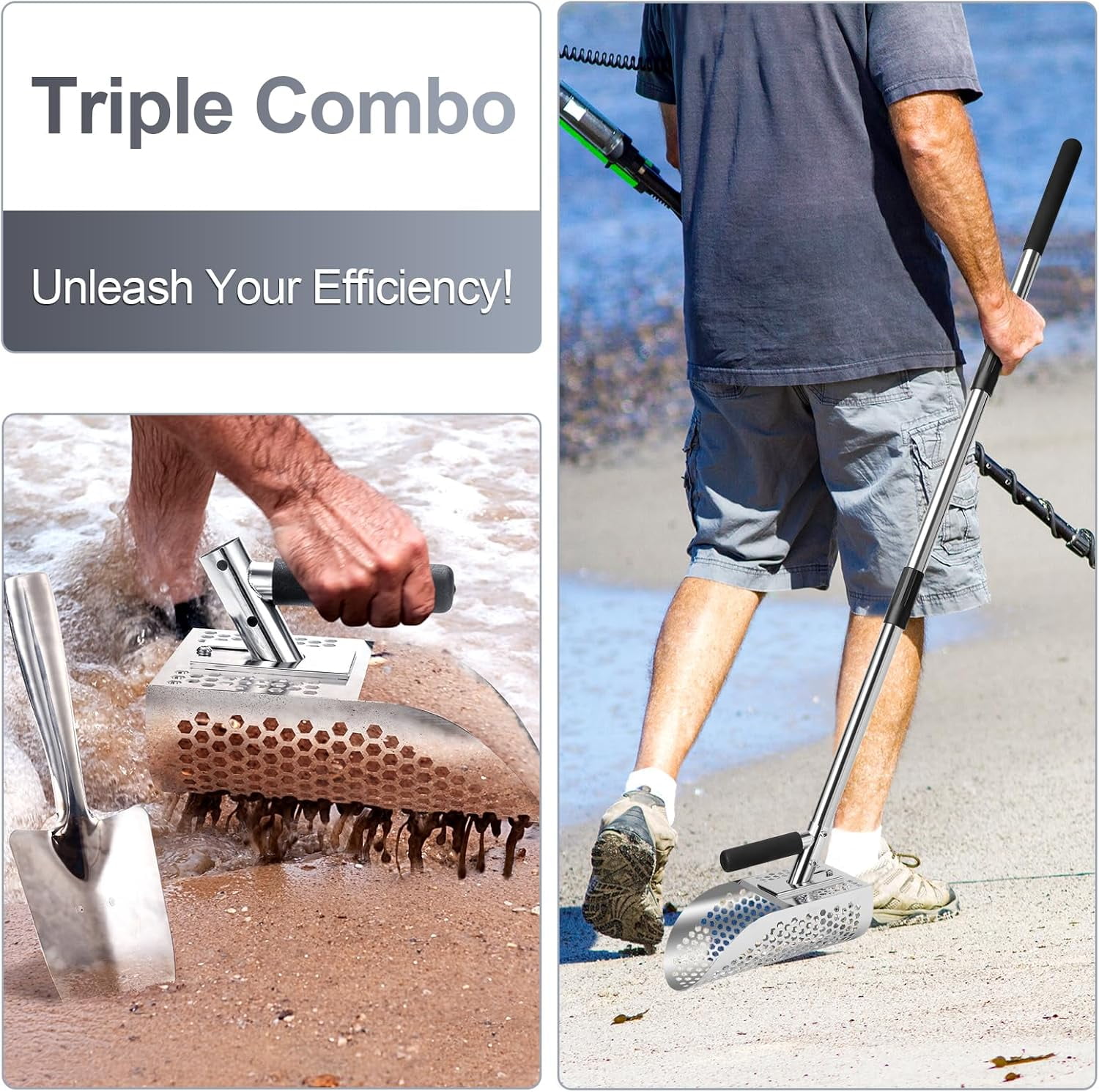 Sand Scoop for Metal Detecting, Metal Detector Scoop, Stainless Steel Sand Sifter Shovel, Fast Sifter Shovel for Underwater Treasure Hunting (Stainless Steel)