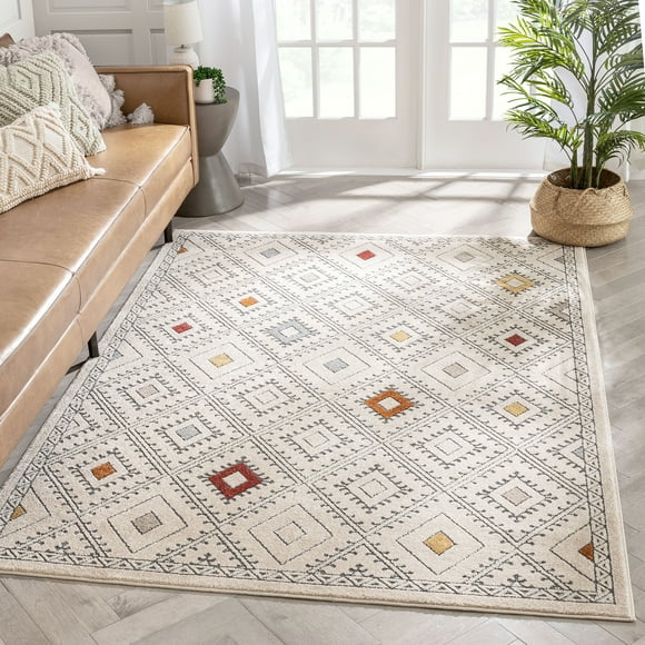 Well Woven Moda Beige Multicolor Oriental Diamond Pattern Area Rug