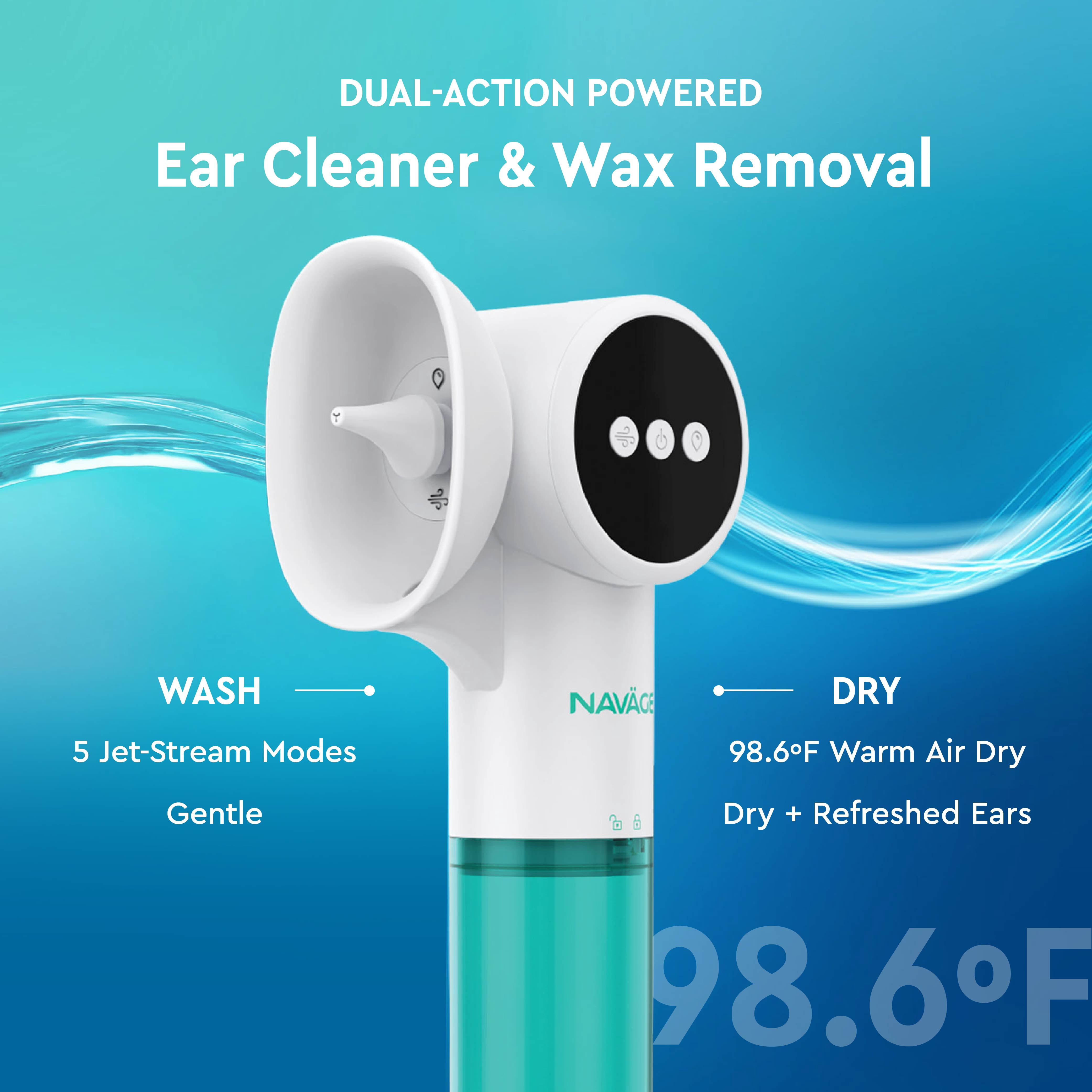 Navage Dual Action Ear Cleaner & Dryer System, Rechargeable, 5 Pressure Modes, For Ages 6+, Includes 2 Tips