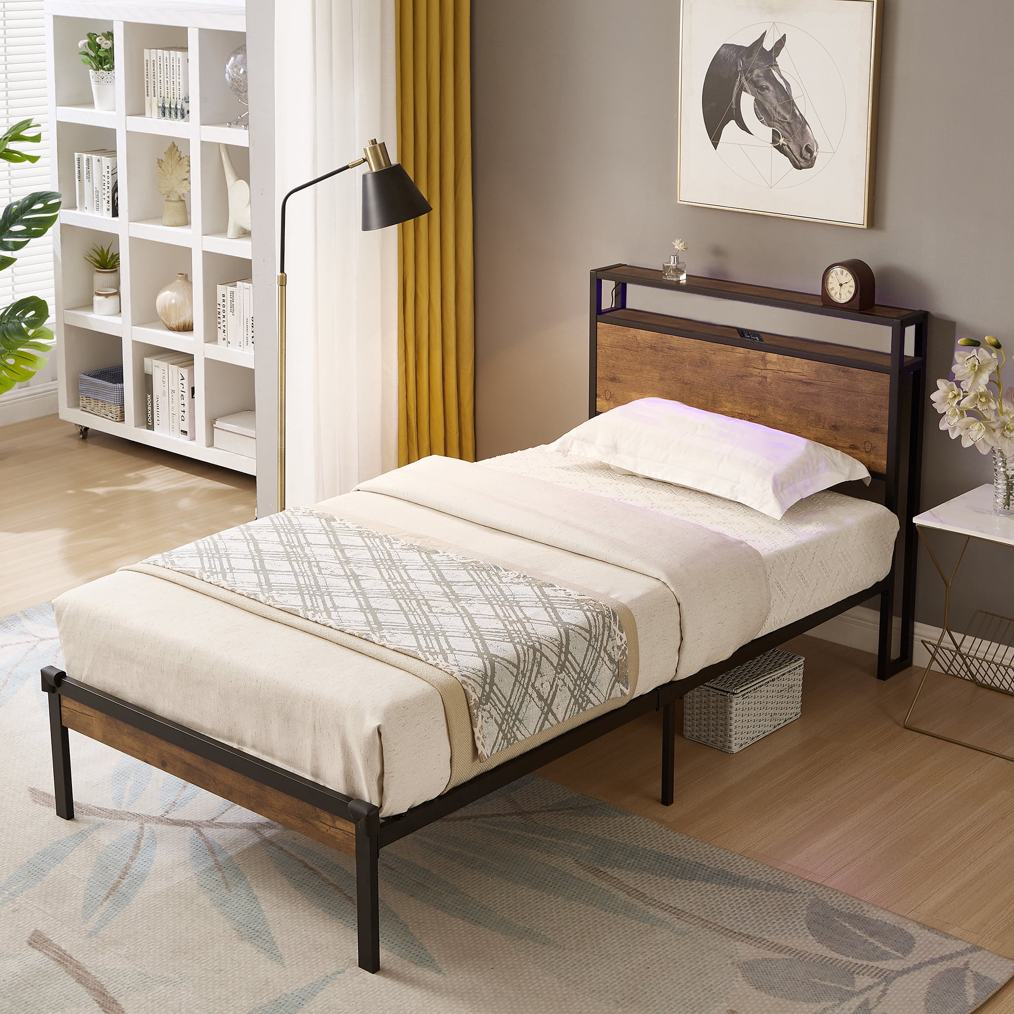 Aukfa Metal Twin XL Size Bed Frame with USB Charge Port, Wood Storage Headboard Shelf, Black