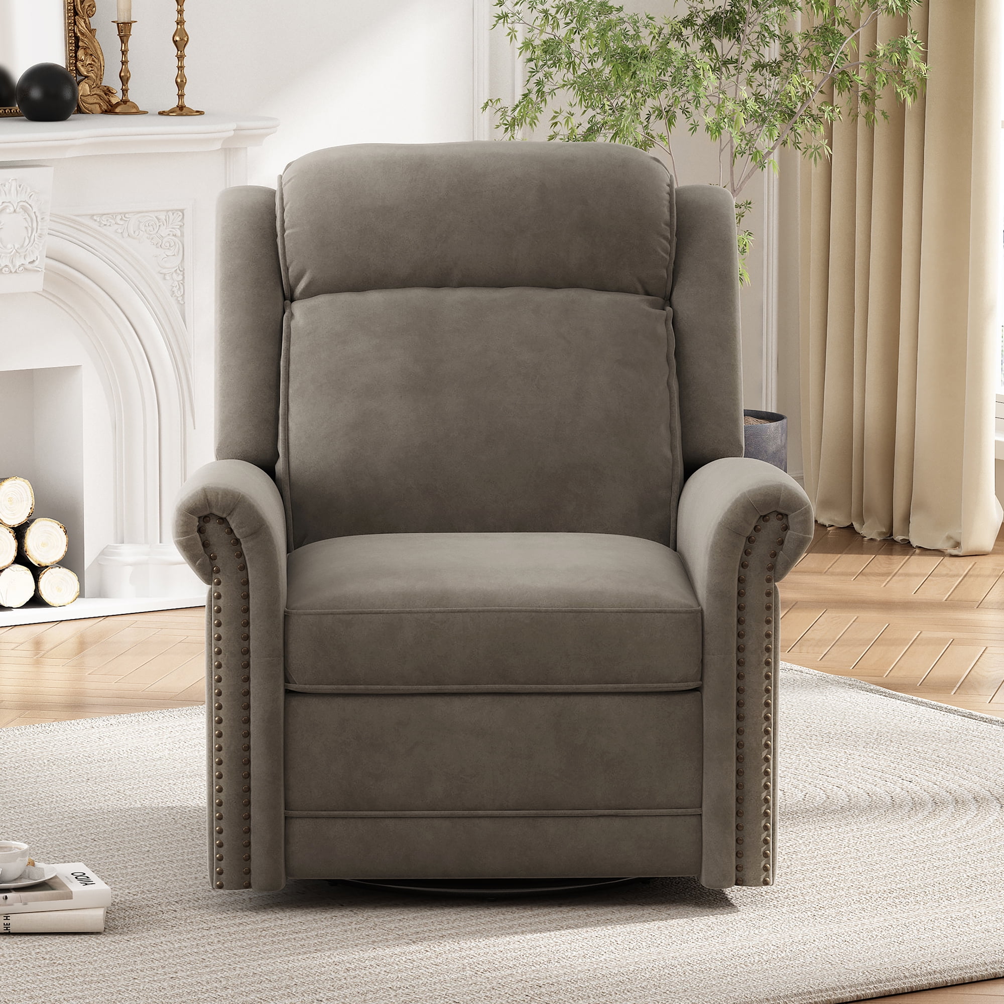 Euroco 360° Swivel Recliner Manual Rocking Recliner Home Theater Manual Recliner Chair Nursery Rocker with Adjustable Backrest for Living Room, Light Brown