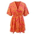 thumbnail image 4 of Robe Courte à Imprimé Floral pour Femmes, Plissée, Col en V, Cordon de Serrage, Taille Élastique, à Volants, Superposée, Robe Courte, 4 of 5