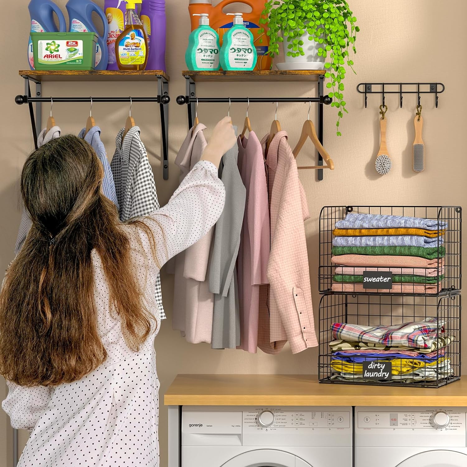 Wall Mounted Laundry Room Shelves with Wire Baskets and Drying Rods, Over Washer Dryer Storage Organizer, Wood Metal Black