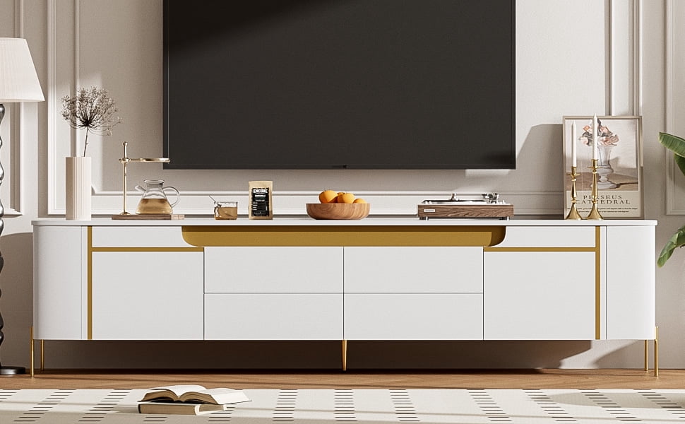 Euroco Light Luxury TV Stand with 2 Cabinets and 4 Drawers – Gold Metal Legs, Cable Management, Concealed Handles – Modern Entertainment Center for Living Room